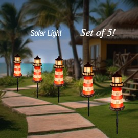 Hokfirm Landscape Path Lights Lighthouse Solar Garden Decorative Light Outdoor Decorative Lighthouse Path Lighting Garden Landscape Lighting Lighthouse Set of 5（Red