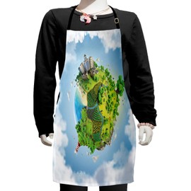 Ambesonne World Apron, Cartoon Style Globe with Greenery Peaceful Idyllic Country Cloudy Sky, Small Apron Bib with Adjustable Ties for Baking Painting, Small Size, Green Pale Blue White