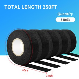 Vandetai Wiring Harness Tape High Temp Self-Adhesive Fabric Tape 1 Inch x 50 FT (5 Rolls 250 FT Total) for Automotive Engine Harness Wrap, Electrical Cable Protection, Noise Damping