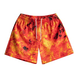 MECH-ENG - Pantalones cortos casuales para hombre, atléticos, para correr, con cordón gráfico, pantalones cortos de malla para calle, Naranja (Orange Flame), X-Small