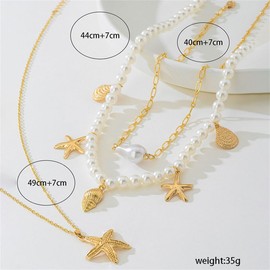 Layered Starfish Imitation Pearl Beaded Shell Conch Charm Choker Pendant Necklace for Women Gold Plated Seaside Beach Necklaces Adjustable Chain Hypoallergenic Fashion Trendy Summer Jewelry 22", 22