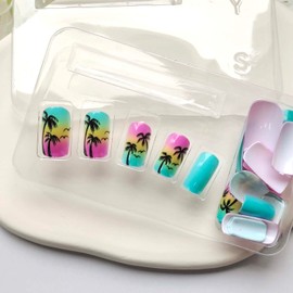 Short Press on Nails Square Hawaiian Beach Series Fake Nails Summer Ocean Coconut Trees Designs Acrylic Nails Glossy Pink Blue Fresh Vacation Style False Nails Glue on Nails for Women