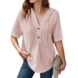 Baonmy Womens Tops Short Sleeve Waffle Knit Hoodies Lightweight Drawstring Hooded V Neck Casual Button Tshirts Trendy Pink