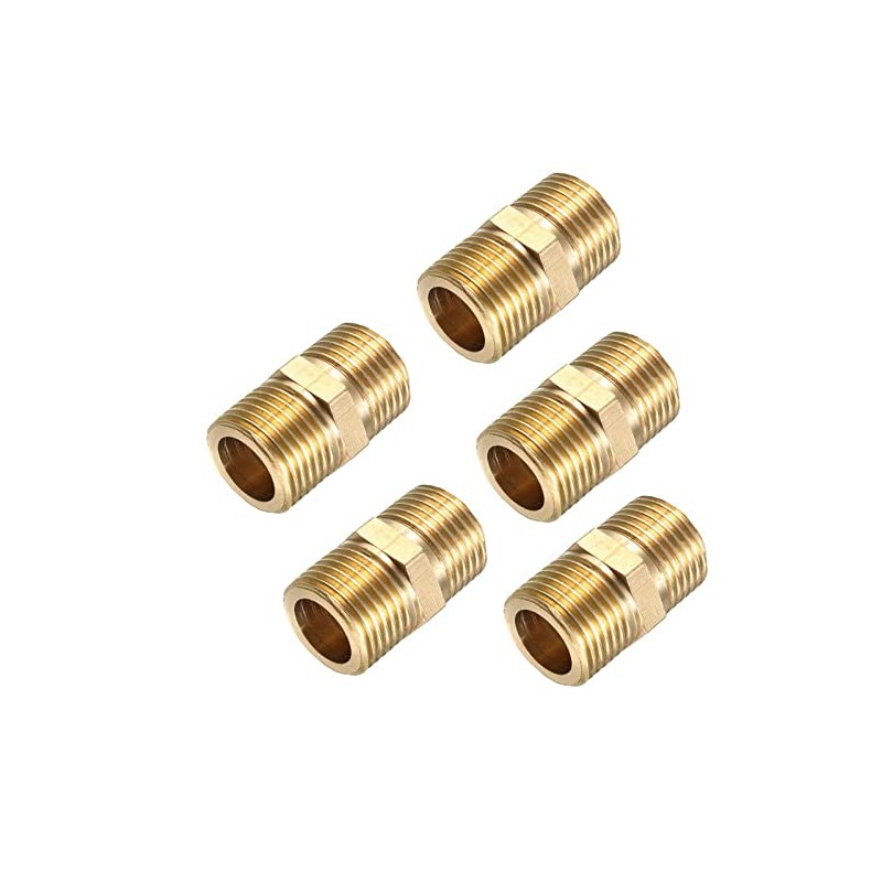 TOP-VIGOR 5Pcs Brass Pipe Fitting Hex Nipple, 1/2" x 1/2"