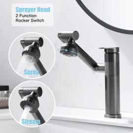 1080 Degree Swivel Bathroom Faucet Gun Grey Lavatory Basin Sink Faucet 1 Handle Big Angle Spray Aerator Spout Extender Universal 360° Rotating Arm Splash Filter 2 Water Outlet Modes