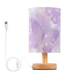 ALAZA Purple Butterflies Shiny Bedside Table Lamp with USB Port, Decor Bedside Lamp Desk LED Bulb Included, Small Nightstand Lamp for Bedroom Living Room