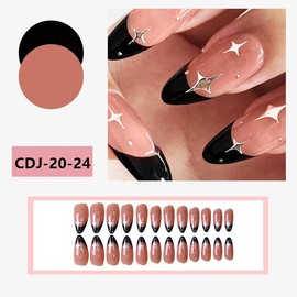Nail Tip, Black, Long, Korean Nail Tip, Mine-based Gal Nail Mass Production, Glitter, Butterfly, Starry Moon, Heart Cat Eye Stone, Rhinestones (F)