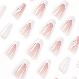 Clataly 24Pcs White Flower Long Coffin Nail Shining Rhinestones French Fake Nails Press on Nails Ballet False Nails for Women Girls (E)