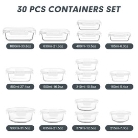 VERONES 30 Pieces Glass Meal Prep Containers Set, Stackable Food Storage Containers with Lids-Airtight Glass Lunch Containers，for Microwave, Oven, Freezer & Dishwasher,White