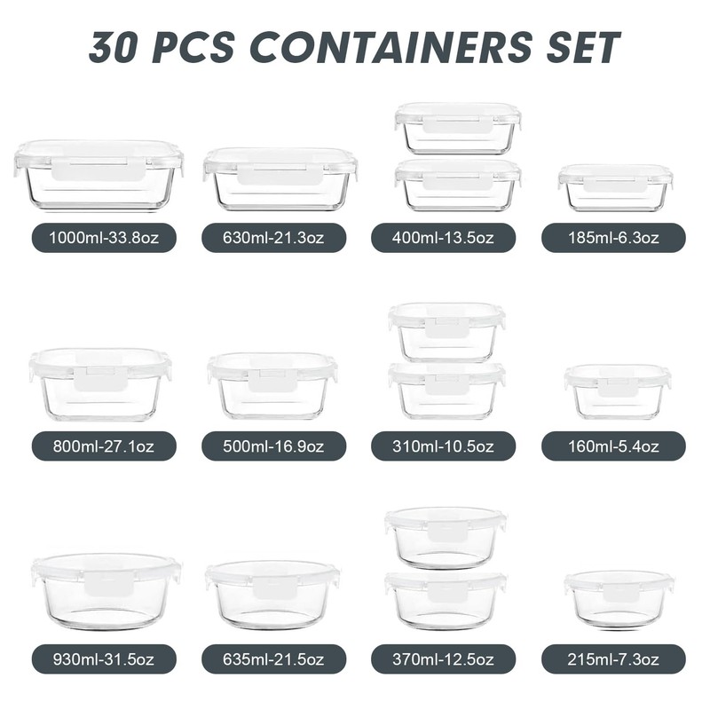 VERONES 30 Pieces Glass Meal Prep Containers Set, Stackable Food