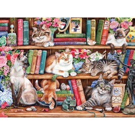 Puss Back in Books 1000 Piece Jigsaw Puzzle | Cat Jigsaw Puzzle | Sustainable Jigsaw Puzzle for Adults | Premium 100% Recycled Board | Great Gift for Adults | Gibsons Games
