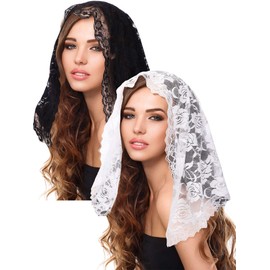 2 Pieces Floral Lace Veils Head Covering Latin Mass Mantilla Veils Short Scarf for Bridal Women (Simple Style,Large)