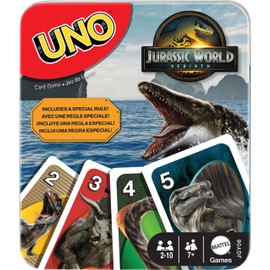 Mattel Games UNO Jurassic World Rebirth Card Game in a Collectible Tin for Kids, Adults & Family with Special Rule & Images Inspired by The Movie
