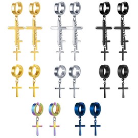 INFINIONLY Men's Stainless Steel Earrings Creative Cross Hoop Earrings and Ear Clips for Women Teenagers Fashion Cross Earrings and Clip On Earrings, 5 Pairs, Stainless Steel