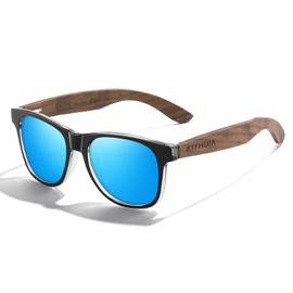KITHDIA Wooden Polarised Sunglasses Men Women Mirrored Original UV400 Protection S5503, Blue/Walnut Wood