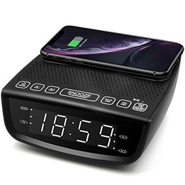 dpnao Alarm Clock FM Radio with Wireless Charging USB Charging Port Bluetooth Function Dual Alarm 3-Level Dimmer Snooze for Home Bedroom Bedside