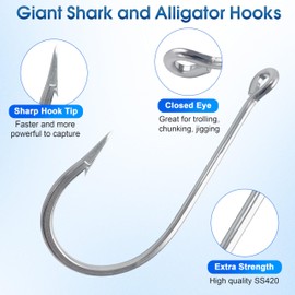OROOTL Saltwater Large Giant Fishing Hooks, Shark & Alligator Hooks, Stainless Steel J Hooks, Extra Strong Sharp, Size 5/0-20/0, 12pcs