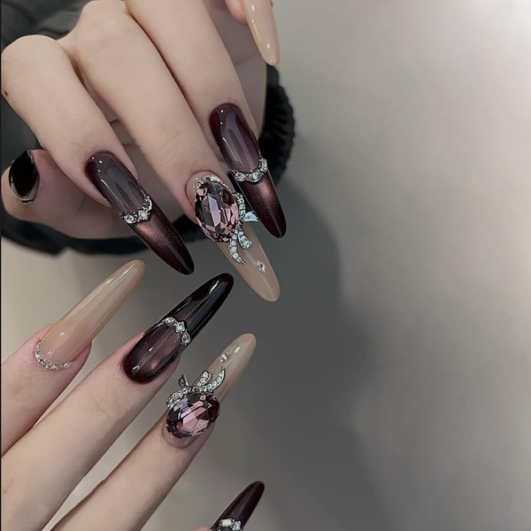 CJDLTS Rhinestones Press on Nails Long Length Purple Cat Eye