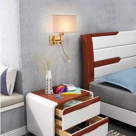 Moon rural Bedroom Wall Sconces, Hardwired Wall Lamp with USB and Reading Lamp Fabric Shade Bedside Wall Lights with Reading Lamp for Bedroom Living Room Hotels Corridors (Brass)