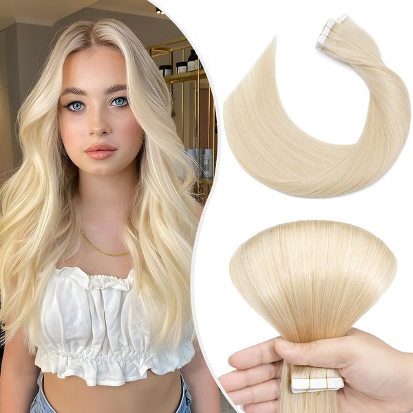 Elailite Tape-In Real Hair Extensions, Remy Hair Extensions, 20 Pieces, 55 cm, 50 g, #60 Platinum Blonde