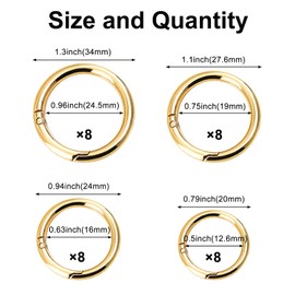 X-BLTU 32 Pcs Spring O Rings Round Carabiner Snap Clip Keyrings, 4 Sizes Spring Zinc Alloy Gate O Ring Buckle Set, Craft DIY Accessories Light Gold for Key Chains, Bags, Purses, Handbag Straps