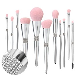 Set de Brochas de Maquillaje 11PCS con Mango de Cristal Brillante Plateado, Kit de Brochas Cosméticas con Caja de Regalo, Cerdas Sintéticas Suaves Veganas para Base, Polvo, Sombras, Cejas y Labios para Mujer