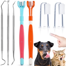 CHENGU 7 Pcs Dog Teeth Cleaning Kit Includes Tooth Scaler and Tarter Remover Scraper 3 Head Pet Toothbrush and Dog Finger Toothbrush Plaque Remover Tools (Classic Style,Blue Red and Orange)