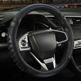 WJMZ 3D Steering Wheel Cover Great Grip with 3D Honeycomb Hole, Anti-Slip Sporty Design, Universal 15 inch(Black with Blue)