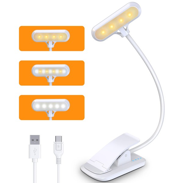 Glangeh Reading Lamp Book Clamp, Clamp Lamp with 9 LEDs, Continuously Dimmable, Rechargeable via USB and 4-Level Power Indicator, Reading Lamp Bed for Eye Care for Bookworms and Children