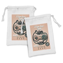 Lunarable Gamer Fabric Pouch Set of 2, Vintage Videogame Controller Cyber Sport Words Nineties Retro Design, Small Drawstring Bag for Toiletries Masks and Favors, 9" x 6", Coral Emerald Black