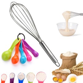 Norhogo Heavy Duty 6 Wire Stainless Steel Whisk, 30 cm, Silver, 5 Spoons for Measuring Food, Bright Colours, Kitchen Utensil Set