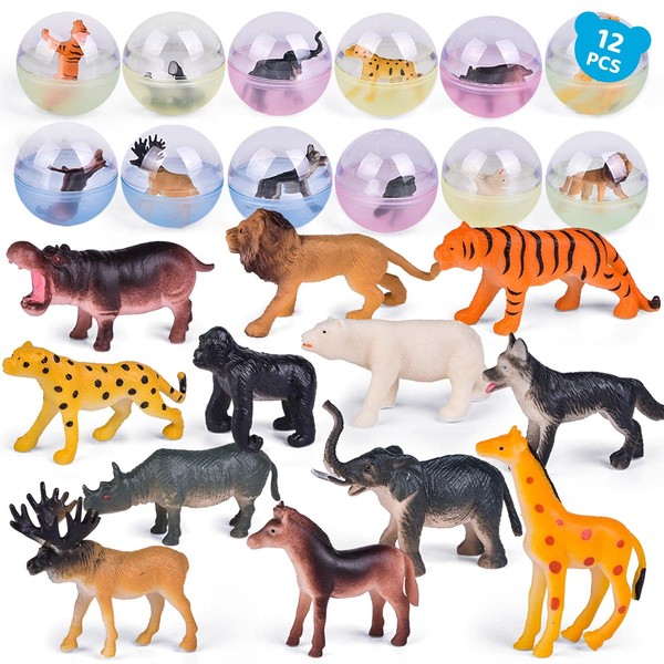 FUN LITTLE TOYS 12PCS Easter Eggs with Animal Figures Toys Inside, Wild Animal Playsets Filled Plastic Surprise Egg Bulk for Kids, Basket Stuffers Hunt Activities Supplies Gifts for Girls Boys