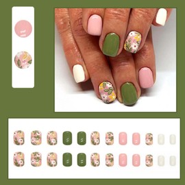 YoYoee Short Square False Nails Daisy Press on Nails Acrylic Full Cover Fake Nails Cute Stick on Nails for Women and Girls 24PCS