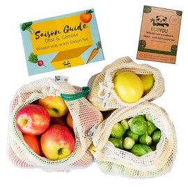 EcoYou Gemüsebeutel Bio-Baumwolle wiederverwendbar 3er Set (S,M,L) mit Gewichtsangabe Zero Waste Obstnetz & Gemüsenetz für den plastikfreien Einkauf NACHHALTIGE Einkaufsnetze + Saisonkalender
