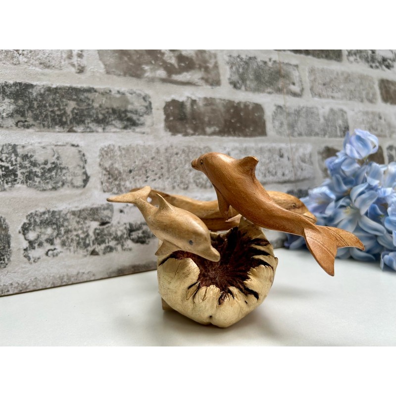 MAISONICA Dolphin Family Ornament Sculpture - Hand Carved Wooden Art