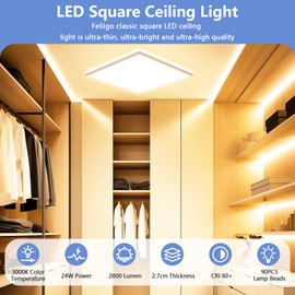 LED Ceiling Light Living Room 3000K-24W-2800LM, IP44 Waterproof Modern Simple Ultra Thin Lamp for Bedroom, Bathroom, Hallway, Balcony, Kitchen, Cellar - 30 cm, Square