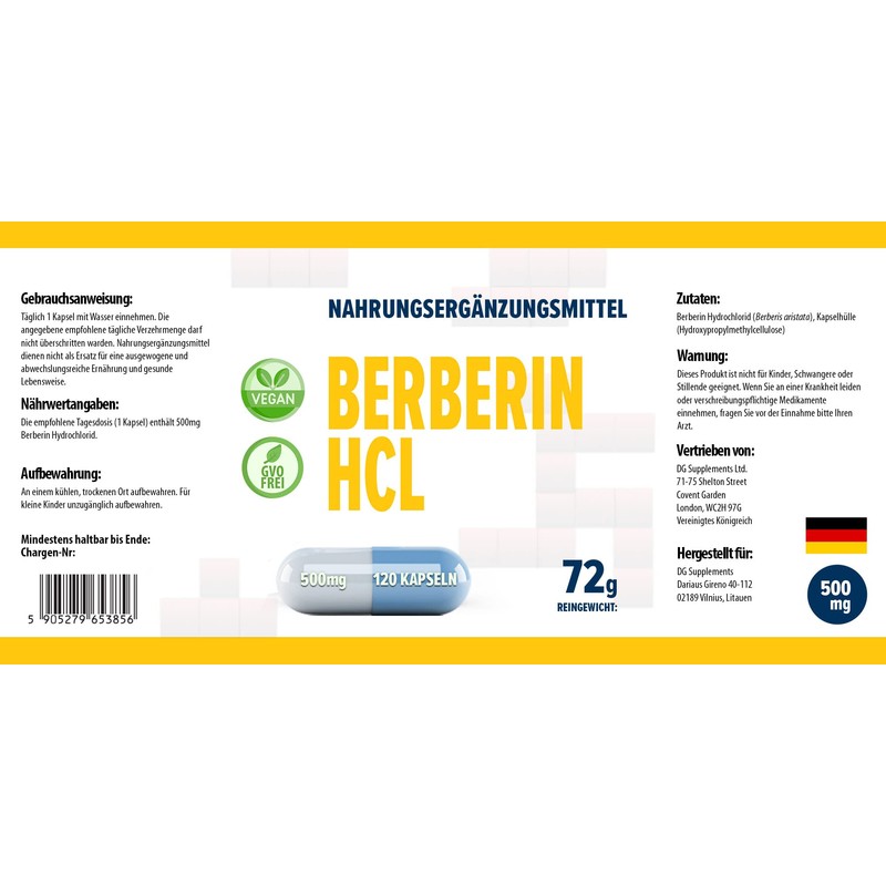 Berberine HCL 500 mg 120 Vegan Capsules, Laboratory Tested, High