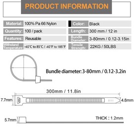 Mgctolbox Pack of 100 Cable Ties Resealable Cable Ties Black 300 x 4.8 mm Nylon PA66 UV Resistant for Cable Management Workshops Living Gardening