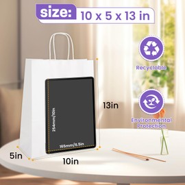 XPCARE White Paper Bags, 100 Packs 10x5x13 Inch Gift Bags with Handles Bulk Paper Bags with Handles Retail Kraft Paper Bag White Gift Bag for Wedding Party Shopping