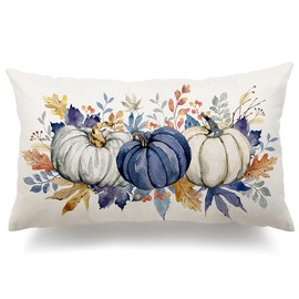 DFXSZ Fall Pillow Covers 12x20 Inch Fall Thanksgiving Dark Blue White Pumpkin Maple Leaf Lumbar Pillow Covers Polyester Fall Decoration for Home Couch YZT073-F12