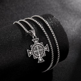Saint Benedict Cross Necklace, Christian Sacramental Medal Pendant, Stainless Steel Ward off Evil Protection Jewelry