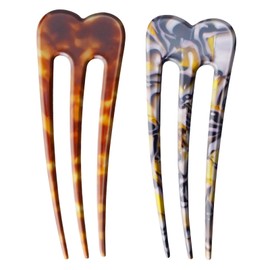 2-Pack 3-Prong U Shaped Hair Forks, Strong Hold Bun Pins for Thick Hair, Vintage Vintage Style Hair Accessories (Tortoise, Brown)