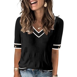 AKEWEI Womens Tops 2025 Spring Summer Short Sleeve Sweater Dressy Casual Blouse Teacher Outfits(Black Striped,Medium)