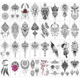 32Sheets Women Temporary Tattoo Sticker,Henna Feather Mandala Datura Flowers Temp Tattoos For Women