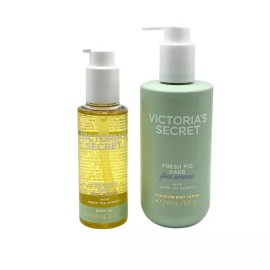 Victoria's Secret FRESH FIG SAGE Floral Green Scent Body Oil Hydrating Body Lotion ？ 2-Piece Gi
