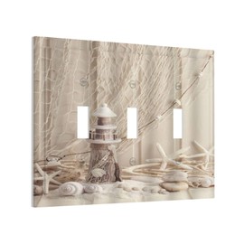 Nautical Coastal 3 Gang Light Switch Covers Seashell Fishing Net Ocean Lighthouse Starfish Triple Toggle Wall Plate Decorative Switchplate Electrical Faceplate Beach Theme Decor