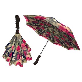 Designer Fashion Reverse Umbrella - Windproof Double Layer Inverted Umbrella - Self Stand Upside Down Umbrella Vintage Roses Design - Inside Out Umbrella for Car - Vented Umbrella for Women