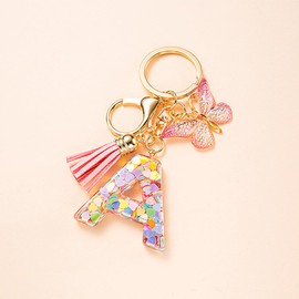 Alnicov Alphabet A Keychain,Initial Letter Keyring with Butterfly Tassel Resin Pendant Charm Cute Pink Style for Family Friend Gift Purse Bag Handbag Luggage Travel Deco Car Keyring Backpack