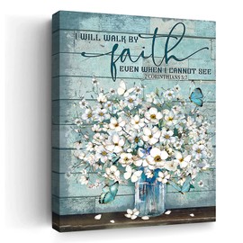 Farmhouse Bathroom Decor Wall Art Teal Blue Mason Jar White Floral Canvas Wall Decor Country Modern Flowers Picture Wall Hanging Decor Turquoise Floral Artwork Print For Bedroom Kitchen 12"X16"