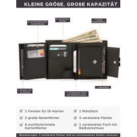 KRONIFY Men's Leather Wallet with RFID Protection Genuine Leather Wallet Men's Slim Wallet with 12 Compartments Men's Wallet with Coin Compartment, carbon, Classic